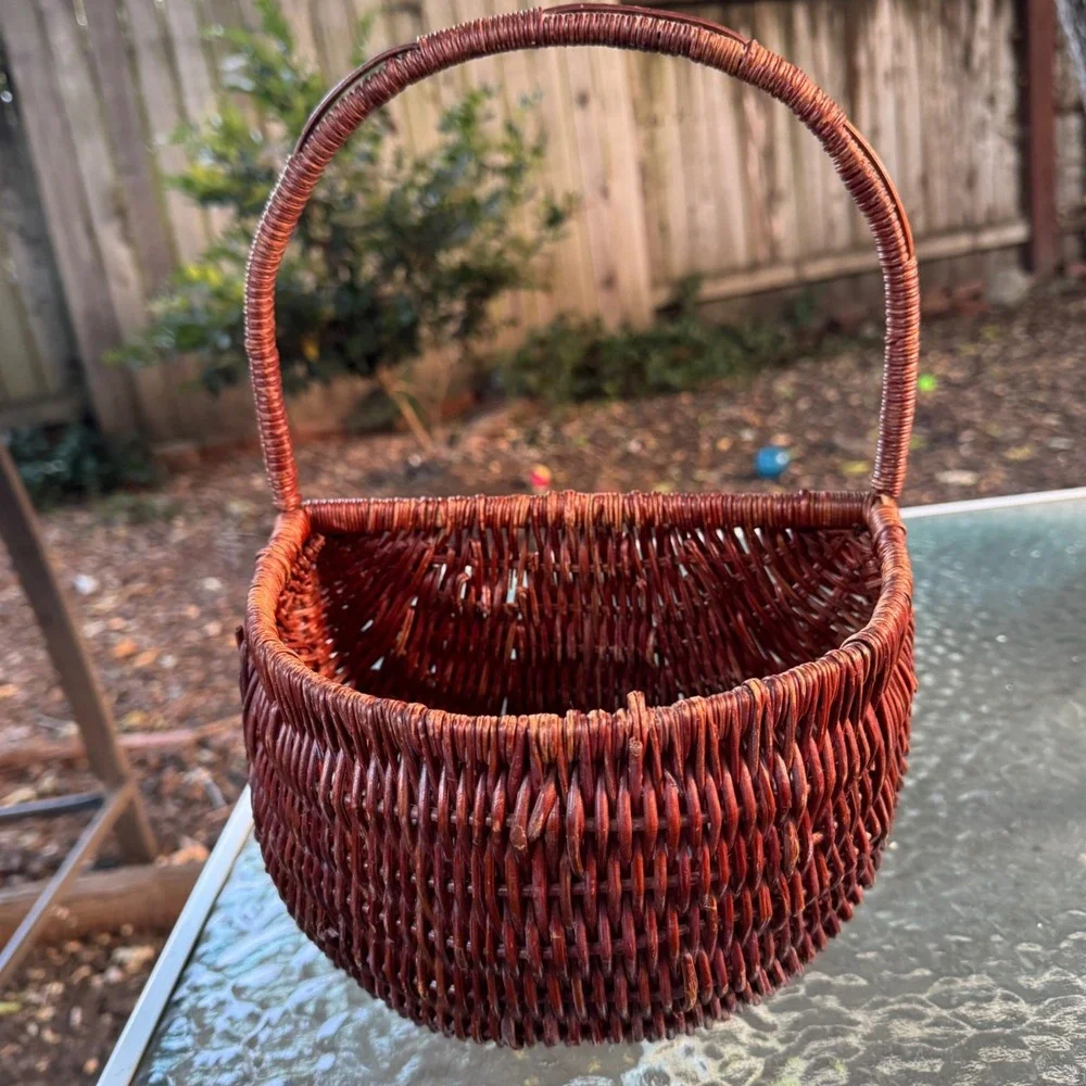 Vintage Woven Wicker Wall Pocket Basket Red Brown Hanging Door Decor Farmhouse